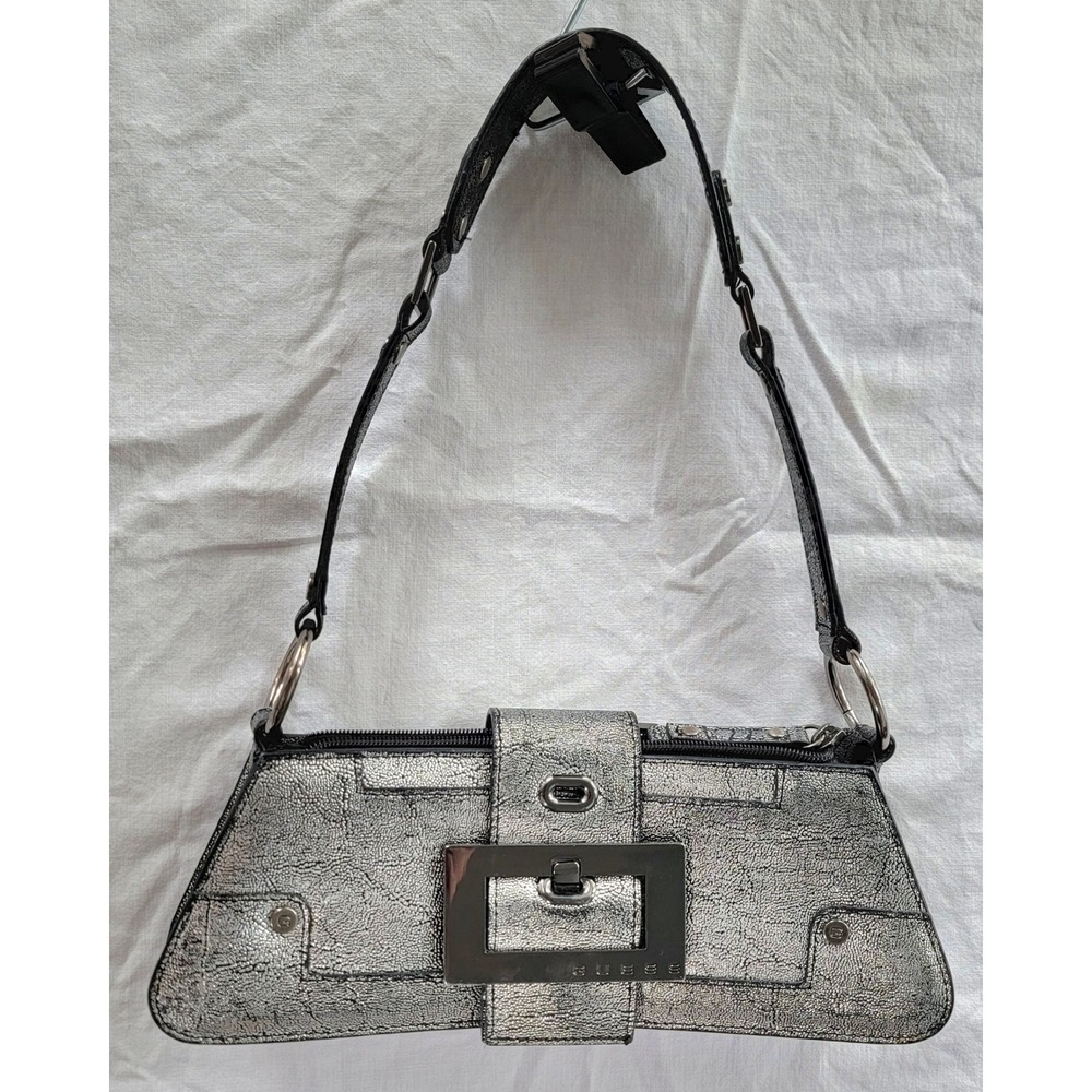 Guess Metallic Silver Baguette Shoulder Bag Y2K Crackle Faux Leather Buckle Logo